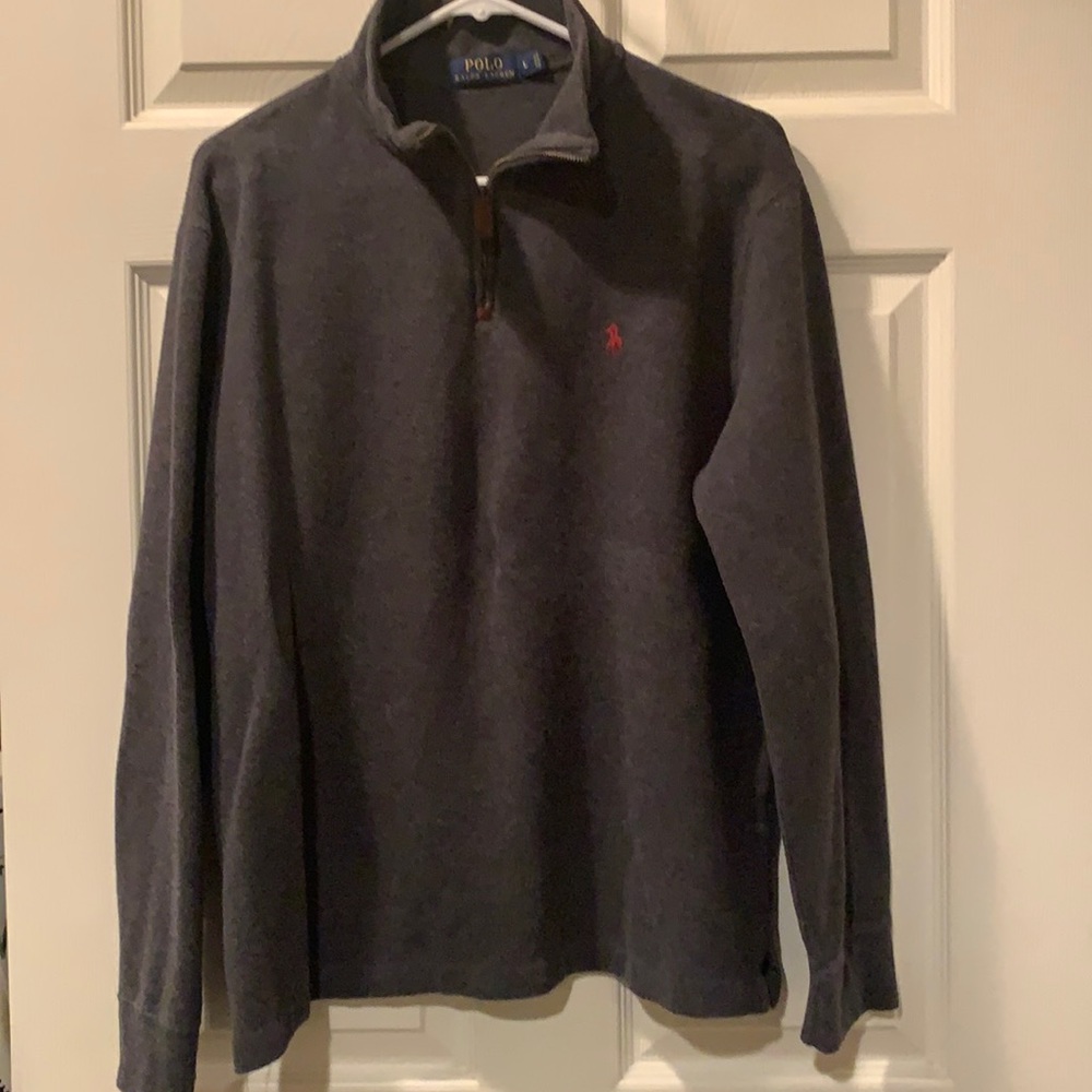 Mens Polo Dark Grey 3/4 Zipper Pullover with a Maroon horse  Excellent Condition